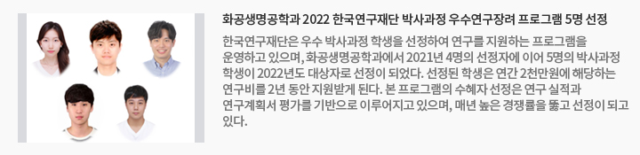 화공생명공학과 2022 한국연구재단 박사과정 우수연구장려 프로그램 5명 선정